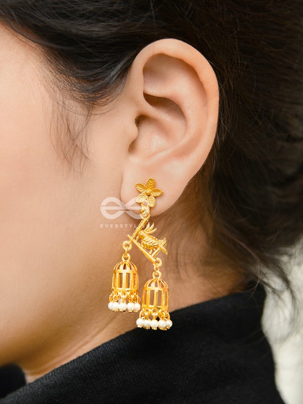 The Uncaged bird Artwork Jhumkas (Golden)