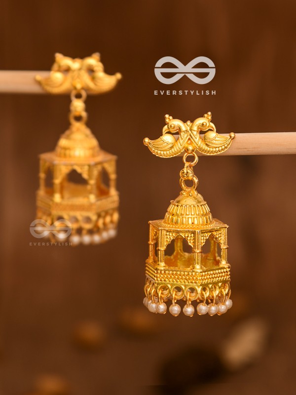 The Birds on a temple Artwork Jhumkas (Golden)