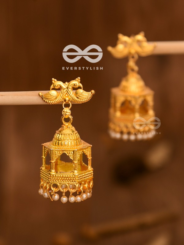 The Birds on a temple Artwork Jhumkas (Golden)