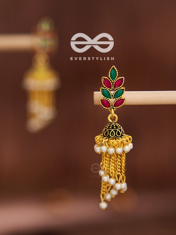The olive branch pearl embellished headturner jhumkis