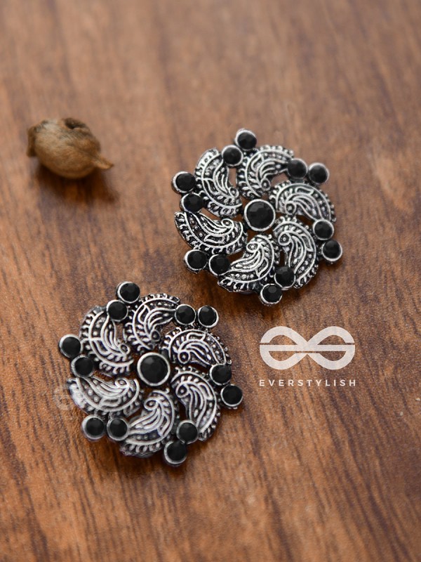 The Whimsical Whirlpools - Embellished Oxidised Studs (Onyx Black)