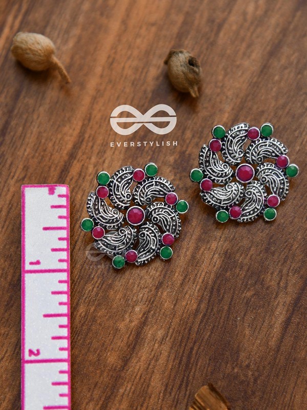 The Whimsical Whirlpools - Embellished Oxidised Studs (Ruby-Emerald)