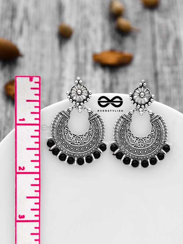 The Motif Moon Pearls (Silver-Black) - Oxidised Boho Earrings