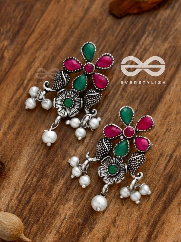 'A Floral Fantasy' - Embellished Oxidised Earrings (Ruby-Emerald)