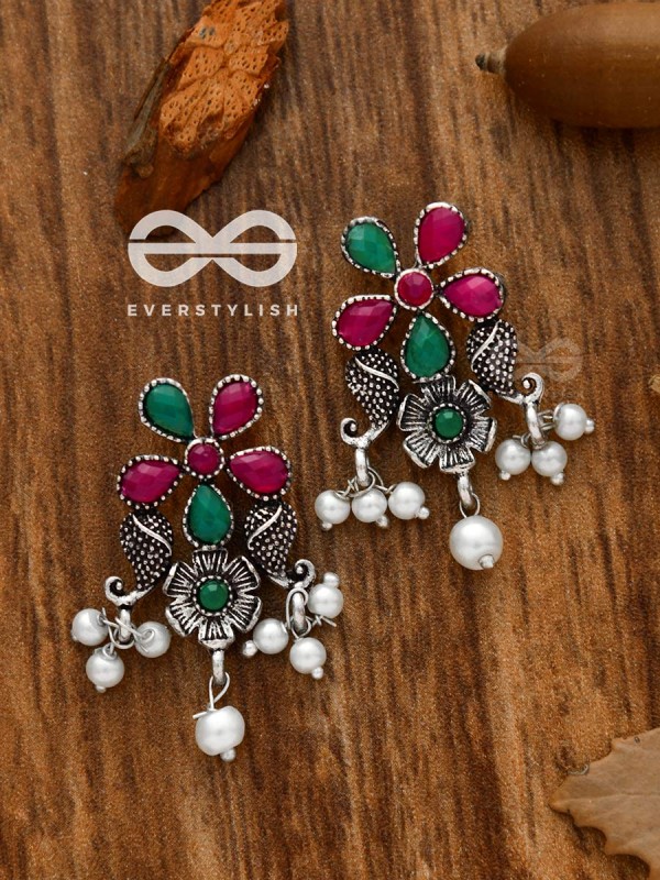 'A Floral Fantasy' - Embellished Oxidised Earrings (Ruby-Emerald)