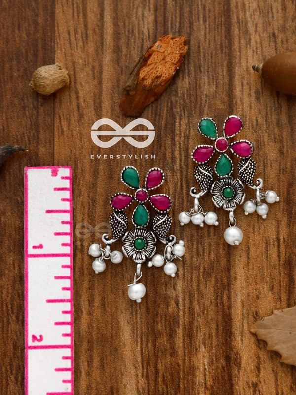 'A Floral Fantasy' - Embellished Oxidised Earrings (Ruby-Emerald)
