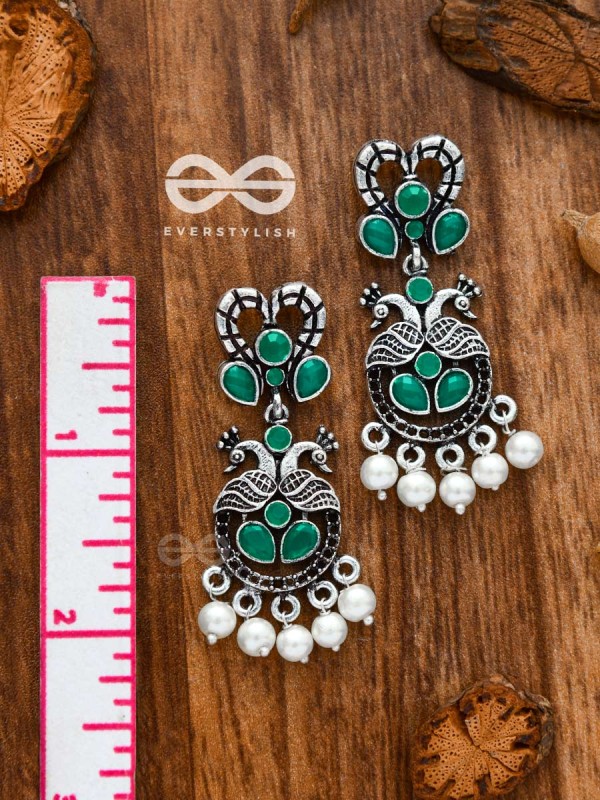 The Enigmatic Peacock Artwork Earrings (Emerald Green) - Embellished Oxidised Collection