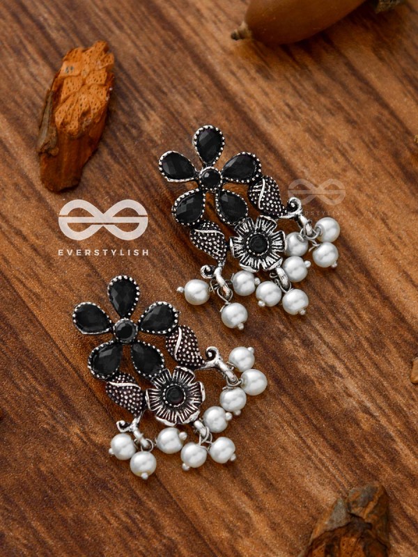 'A Floral Fantasy' - Embellished Oxidised Earrings (Onyx Black)