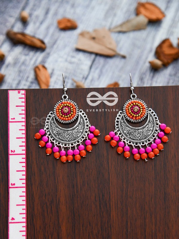 The Delightful Motif Moon (Orange-Pink) - Embroidered Oxidised Earrings