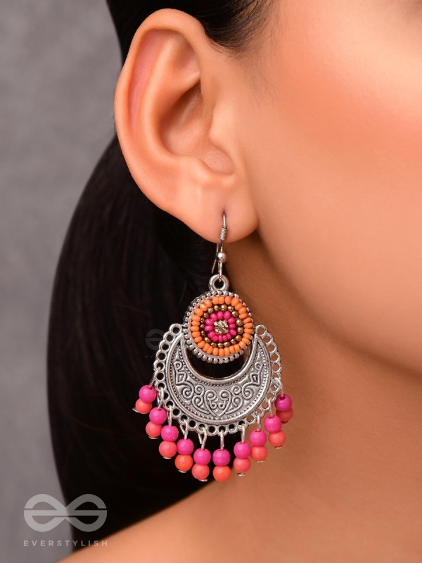 The Delightful Motif Moon (Orange-Pink) - Embroidered Oxidised Earrings