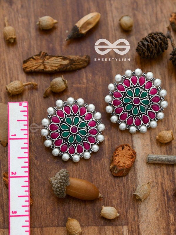 The classy Desire perfect pearl Embellished Statement Studs (Ruby Emerald)