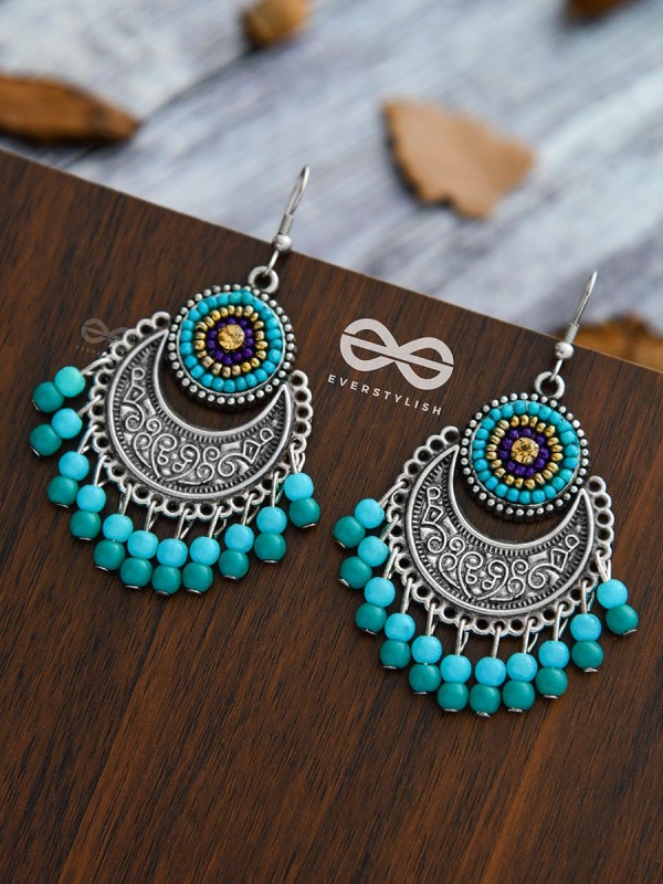 The Elegant Motifs (Teal-Blue) - Embroidered Oxidised Earrings 