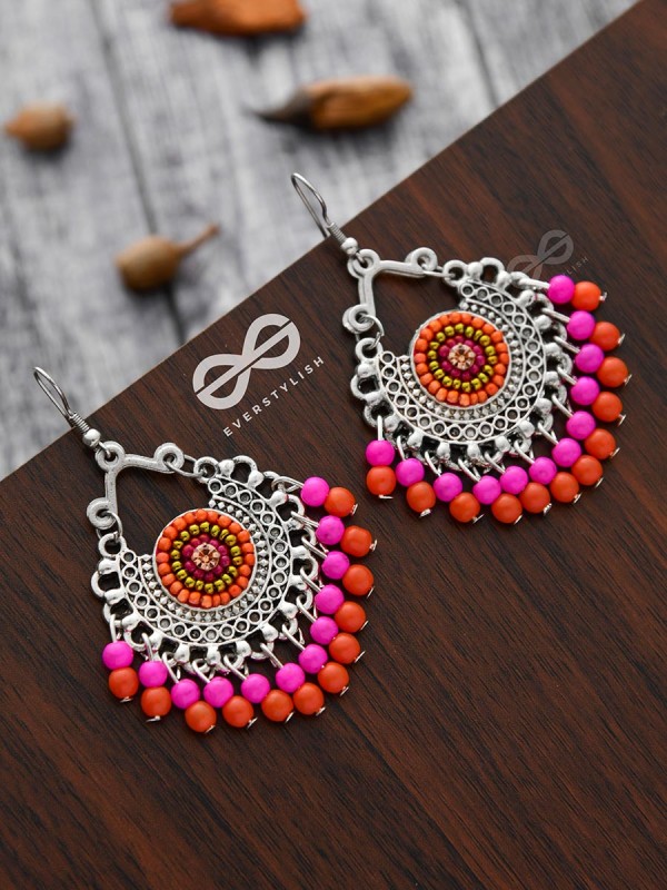 The Splendid Stunners (Orange-Pink) - Embroidered Oxidised Earrings