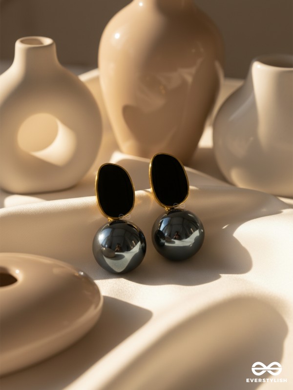 The Mesmerisingly Chic Statement Makers- Enamelled Pearl Earrings (Gun-Metal Grey)