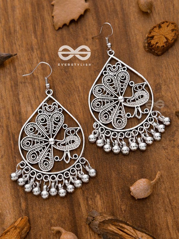 The Intricate Peacock Danglers - Oxidised Boho Earrings