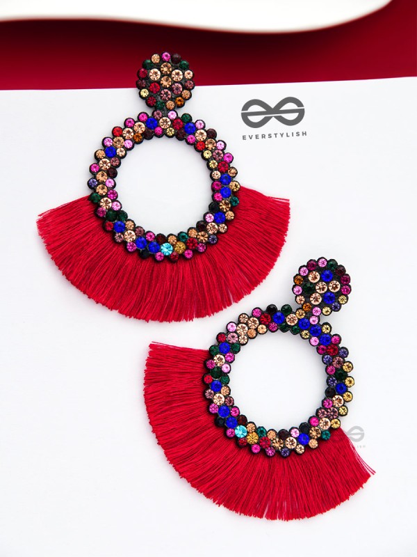 A Shimmery Allure - Statement Tassel Earrings (Red)