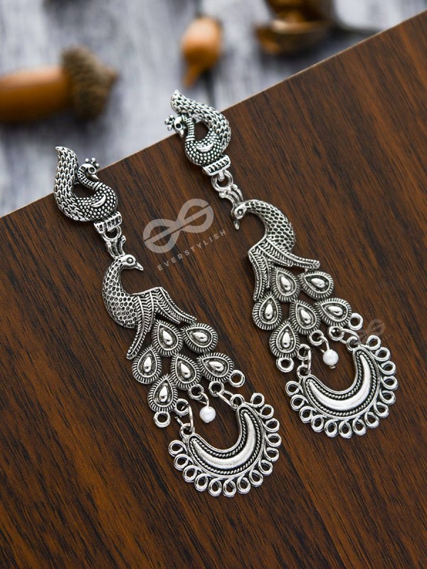 The Intricate Peacock Artwork - Oxidised Boho Earrings