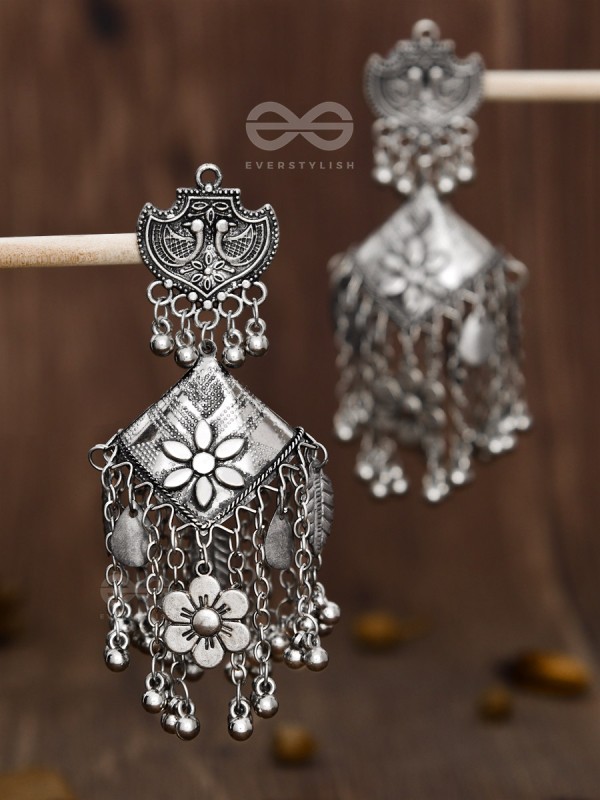 The Peacock Artwork Oxidised Square Statement Jhumkas