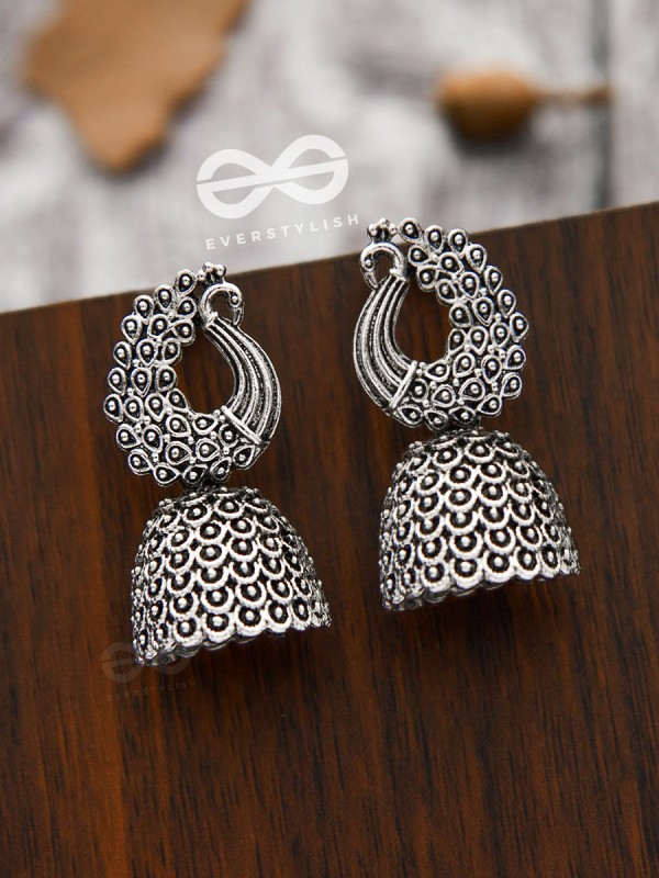 The Intricate Peacock Delight - Oxidised Boho Jhumkas