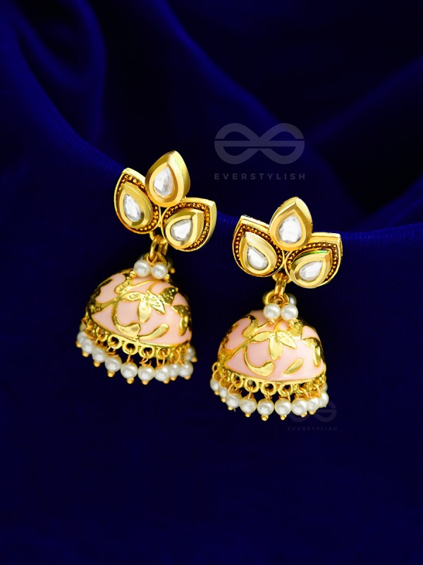 The Kundan Leafy Affair- Enamelled Golden Jhumki - Peachy Glow