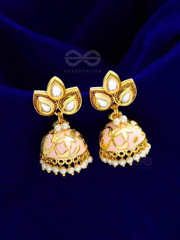 The Kundan Leafy Affair- Enamelled Golden Jhumki - Peachy Glow