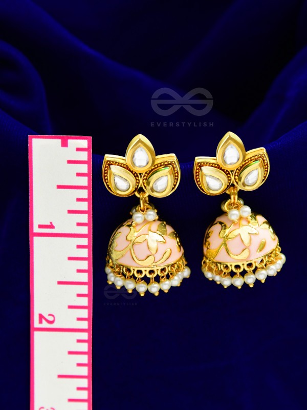 The Kundan Leafy Affair- Enamelled Golden Jhumki - Peachy Glow