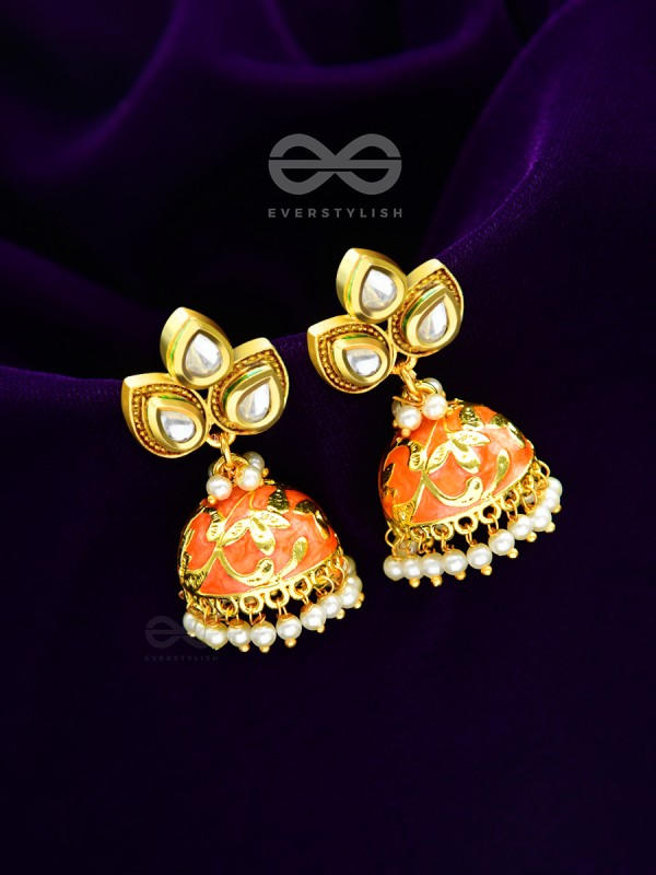 The Kundan Leafy Affair- Enamelled Golden Jhumki - Sunset Orange