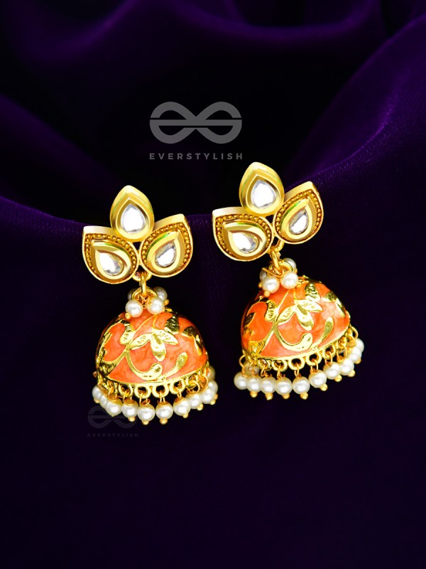 The Kundan Leafy Affair- Enamelled Golden Jhumki - Sunset Orange