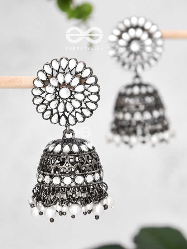 The Intricate Floral Cocktail - Embellished Oxidised jhumkas 