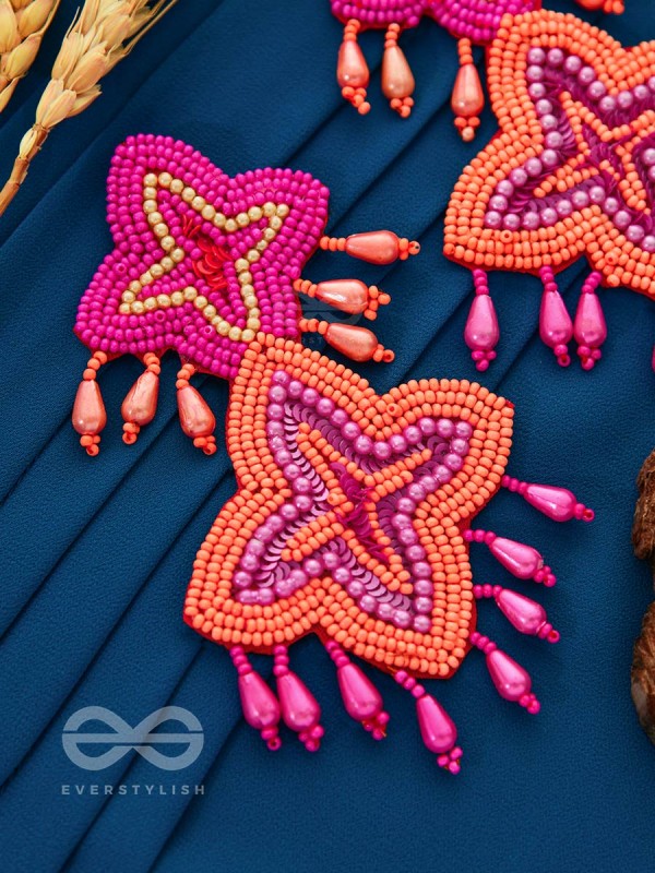 THE ROYAL GLAMOUR - EMBROIDERED PEARL STATEMENT EARRINGS (Rust and Fuchsia)