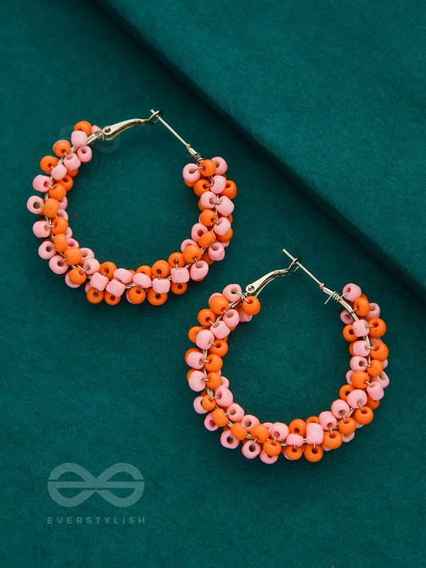 The Beaded Twists - Statement Hoops (Orange-Pink)