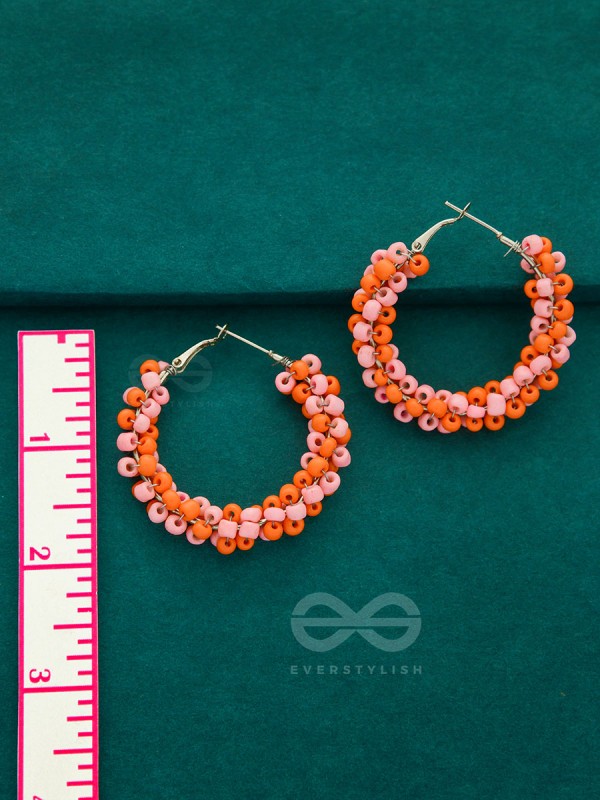 The Beaded Twists - Statement Hoops (Orange-Pink)