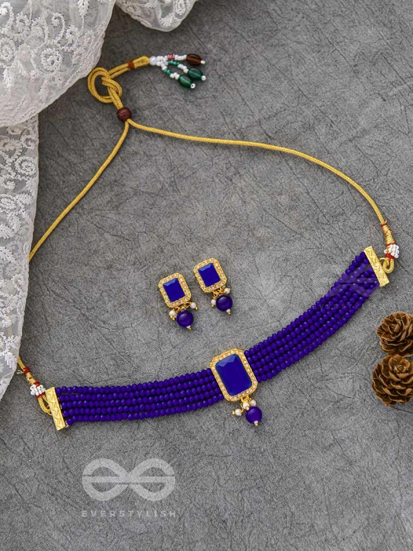 THE MYSTICAL MAGNIFICENCE - SET OF STATEMENT CHOKER AND EARRINGS (ROYAL BLUE)