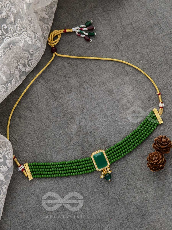 The Mystical Magnificence - Set of Statement Choker And Earrings (Forest Green)