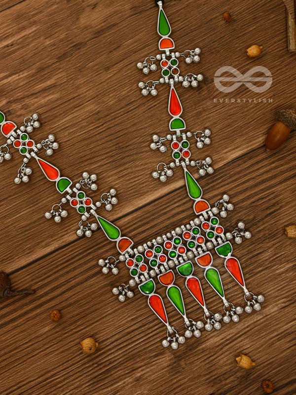 The Bohemian Jaw Droppers - Statement Set of Meenakari Neckpiece and Earrings (Orange-Green)