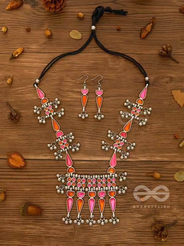 The Bohemian Jaw Droppers - Statement Set of  Meenakari Neckpiece and Earrings (Orange-Pink)