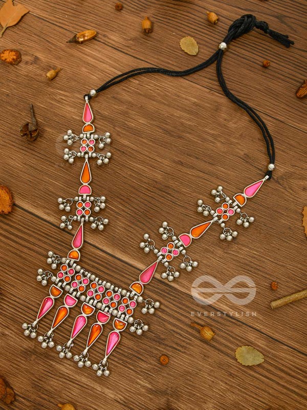 The Bohemian Jaw Droppers - Statement Set of  Meenakari Neckpiece and Earrings (Orange-Pink)