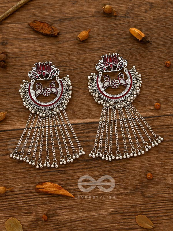The Dangling Blooming Lotus - Statement Meenakari Earrings (Maroon)