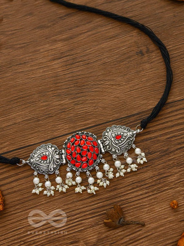 The Intricate Epitome - Embellished Oxidised Set of Choker and Earrings (Carmine Red)