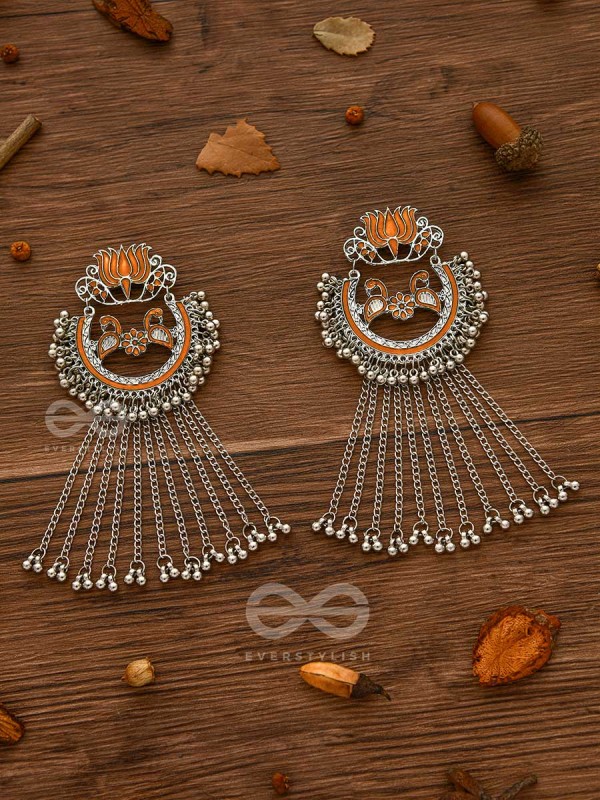  'THE DANGLING BLOOMING LOTUS - STATEMENT MEENAKARI EARRINGS (Pumpkin)'