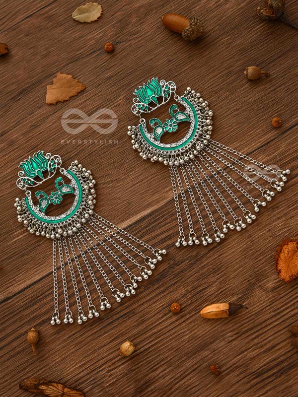 The Dangling Blooming Lotus - Statement Meenakari Earrings (Pine Green)