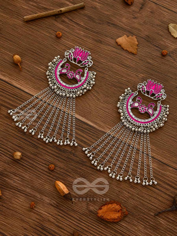 The Dangling Blooming Lotus - Statement Meenakari Earrings (Pink)