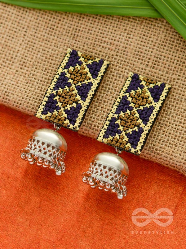 The Aztec Elegance - Statement Embroidered Jhumkas (Golden - Oxford Blue)