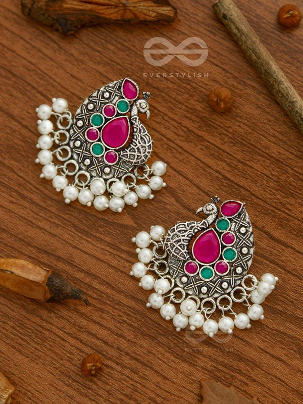 The Perky Peacock- Oxidised Enamelled Earrings
