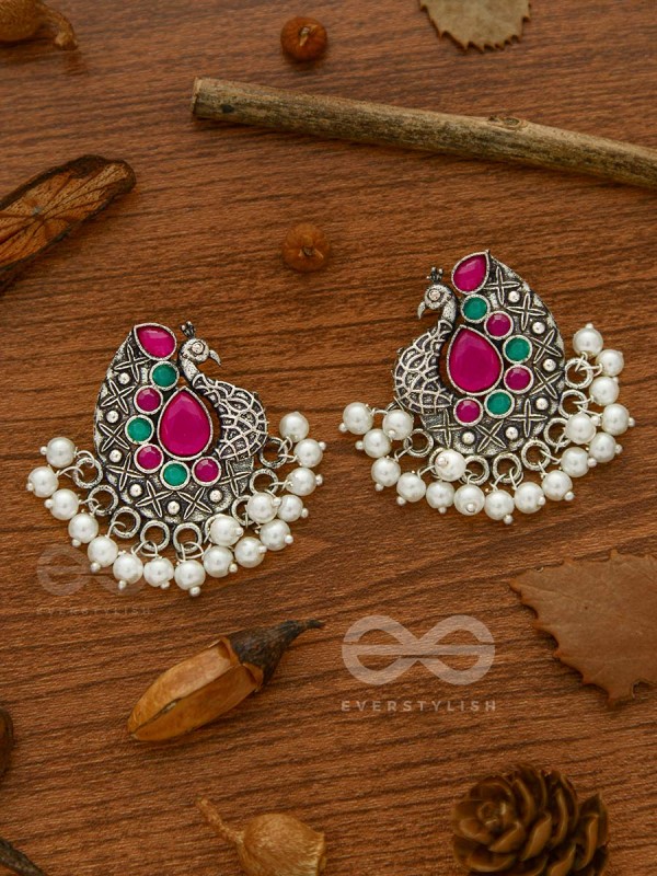 The Perky Peacock- Oxidised Enamelled Earrings