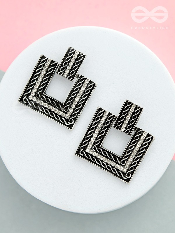 Geometric Grace - Rhinestone Encrusted Silver Earrings