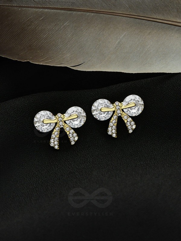 Radiant Ribbons- Gem Stones and Rhinestones Studded Golden Earrings 