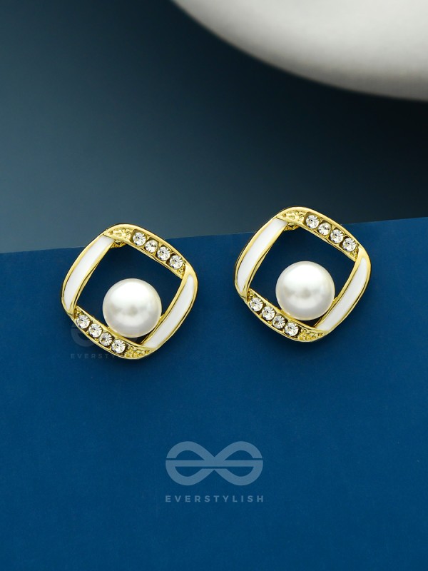 Sterling Droplets- White Enamelled Rhinestones Studded Pearl Earrings