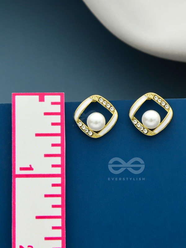 Sterling Droplets- White Enamelled Rhinestones Studded Pearl Earrings