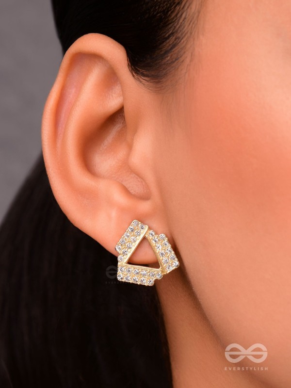 Twisted Triangles- Rhinestones Encrusted Golden Earrings
